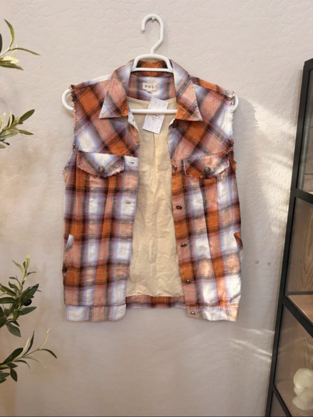 POL Plaid Button-Front Vest in Orange and Cream NWT